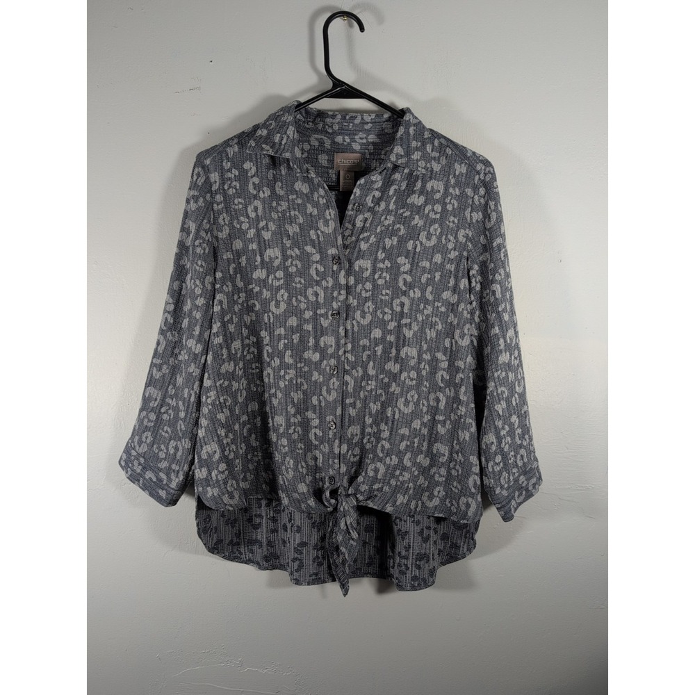 CHICO'S Front Tie Button Up Jacquard Maraam Cheetah Shirt Gray